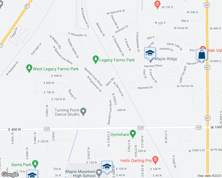 map of restaurants, bars, coffee shops, grocery stores, and more near 788 North 2560 East in Springville