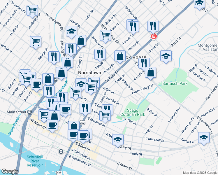 map of restaurants, bars, coffee shops, grocery stores, and more near 1007 Green Street in Norristown