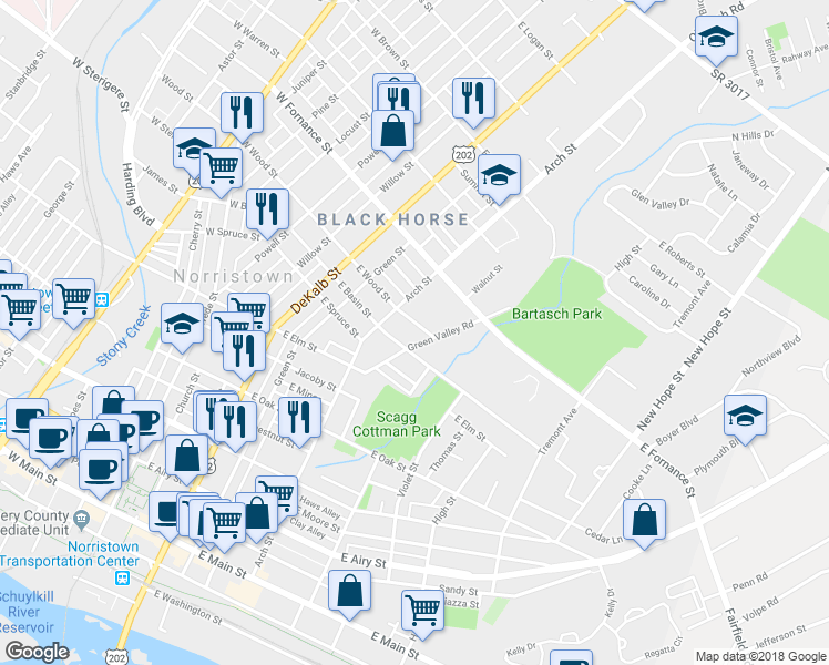map of restaurants, bars, coffee shops, grocery stores, and more near 322 East Wood Street in Norristown