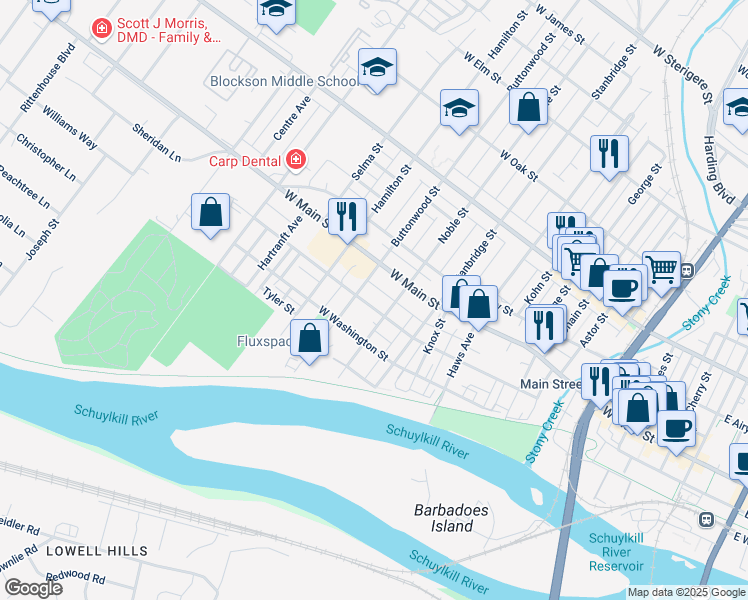 map of restaurants, bars, coffee shops, grocery stores, and more near 1009 West Lafayette Street in Norristown