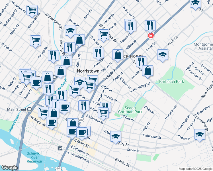 map of restaurants, bars, coffee shops, grocery stores, and more near 1007 Green Street in Norristown