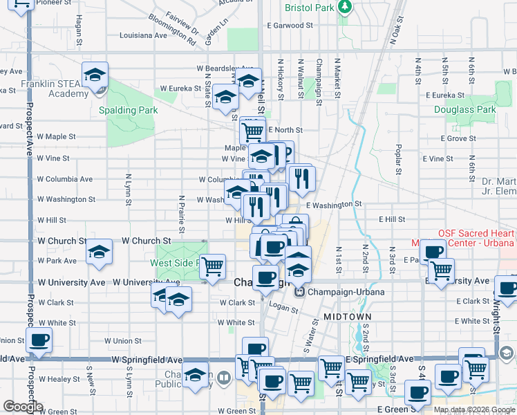 map of restaurants, bars, coffee shops, grocery stores, and more near 518 North Neil Street in Champaign