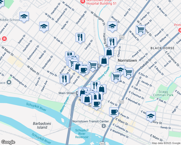 map of restaurants, bars, coffee shops, grocery stores, and more near 620 Corson Street in Norristown