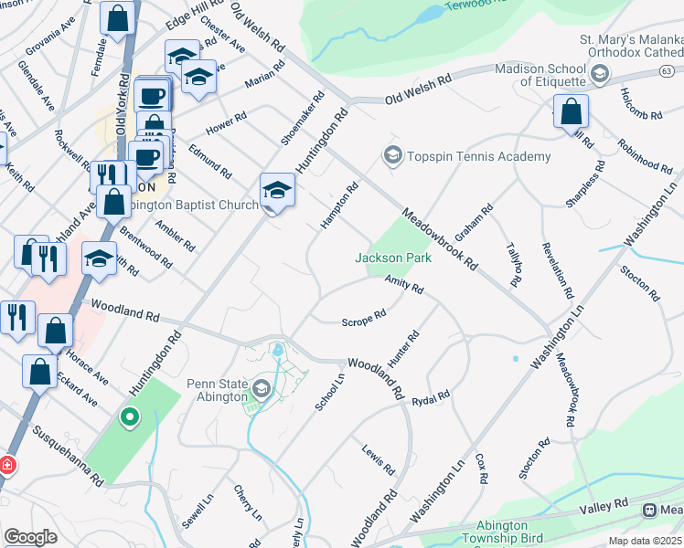map of restaurants, bars, coffee shops, grocery stores, and more near 1625 Amity Road in Meadowbrook