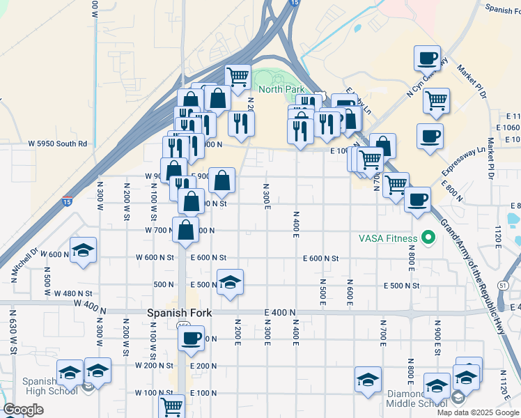 map of restaurants, bars, coffee shops, grocery stores, and more near 288 East 800 North in Spanish Fork
