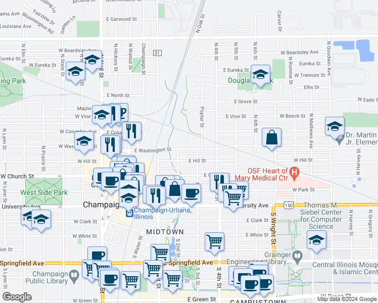 map of restaurants, bars, coffee shops, grocery stores, and more near 209 East Washington Street in Champaign