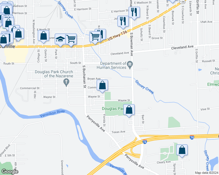 map of restaurants, bars, coffee shops, grocery stores, and more near 818 Commercial Street in Danville