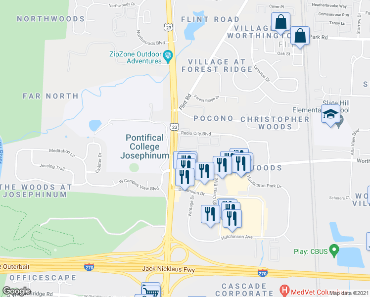 map of restaurants, bars, coffee shops, grocery stores, and more near 62 Great Lawn Way in Columbus