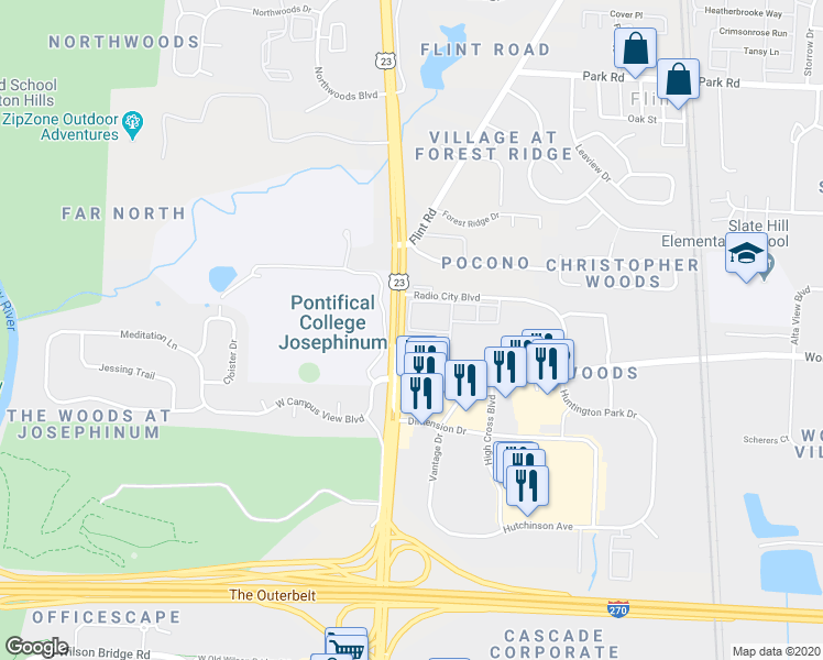 map of restaurants, bars, coffee shops, grocery stores, and more near 2 Great Lawn Way in Columbus