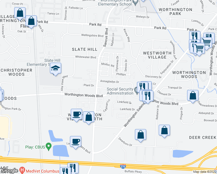 map of restaurants, bars, coffee shops, grocery stores, and more near 838 Pineway Drive in Columbus