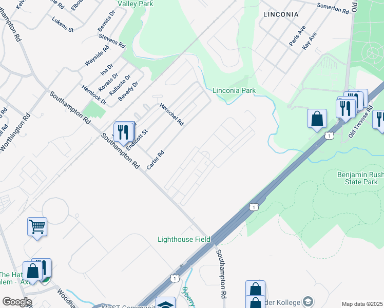 map of restaurants, bars, coffee shops, grocery stores, and more near 15064 Dahlia Drive in Philadelphia
