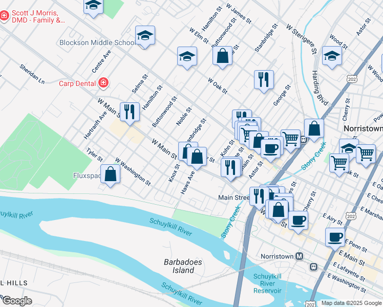 map of restaurants, bars, coffee shops, grocery stores, and more near 814 West Airy Street in Norristown