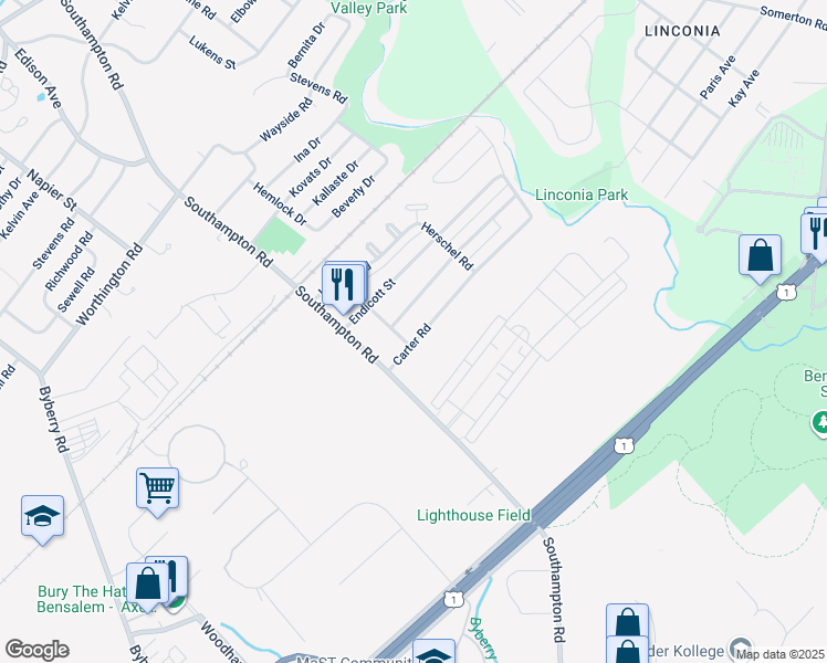 map of restaurants, bars, coffee shops, grocery stores, and more near 15018 Carter Road in Philadelphia