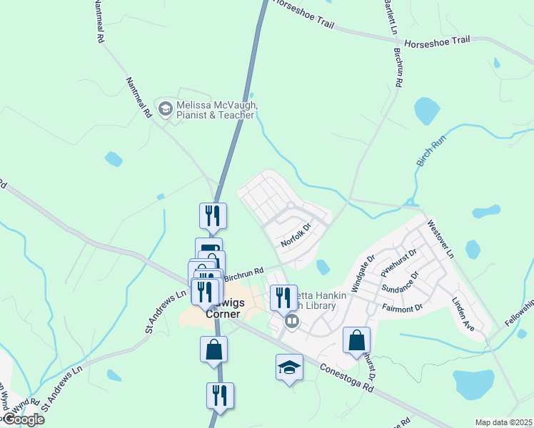 map of restaurants, bars, coffee shops, grocery stores, and more near 203 Hanover Court in Glenmoore
