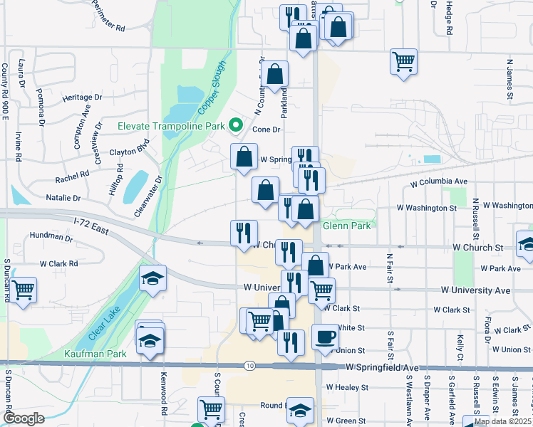 map of restaurants, bars, coffee shops, grocery stores, and more near 2002 Glenn Park Drive in Champaign