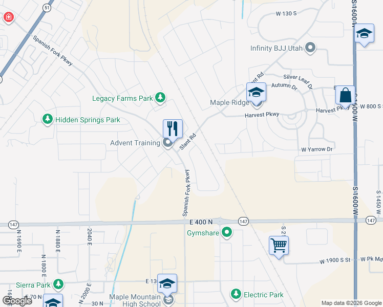map of restaurants, bars, coffee shops, grocery stores, and more near 2506 E Double Tree Drive in Spanish Fork