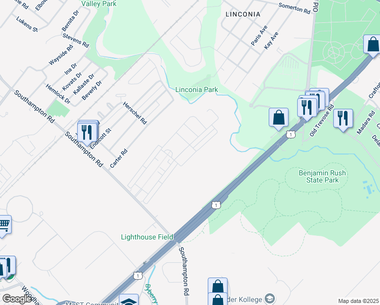 map of restaurants, bars, coffee shops, grocery stores, and more near 2683 Honeysuckle Lane in Philadelphia