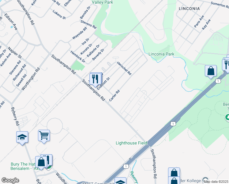 map of restaurants, bars, coffee shops, grocery stores, and more near 15018 Carter Road in Philadelphia