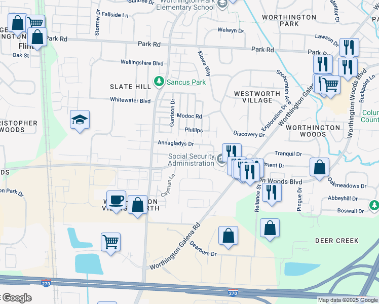 map of restaurants, bars, coffee shops, grocery stores, and more near 884 Annagladys Drive in Columbus