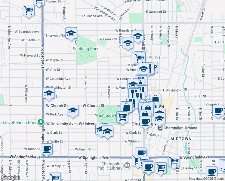 map of restaurants, bars, coffee shops, grocery stores, and more near 310 West Washington Street in Champaign