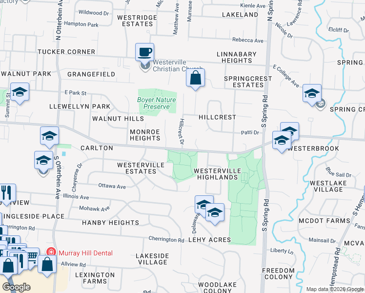 map of restaurants, bars, coffee shops, grocery stores, and more near 386 Hillcrest Drive in Westerville