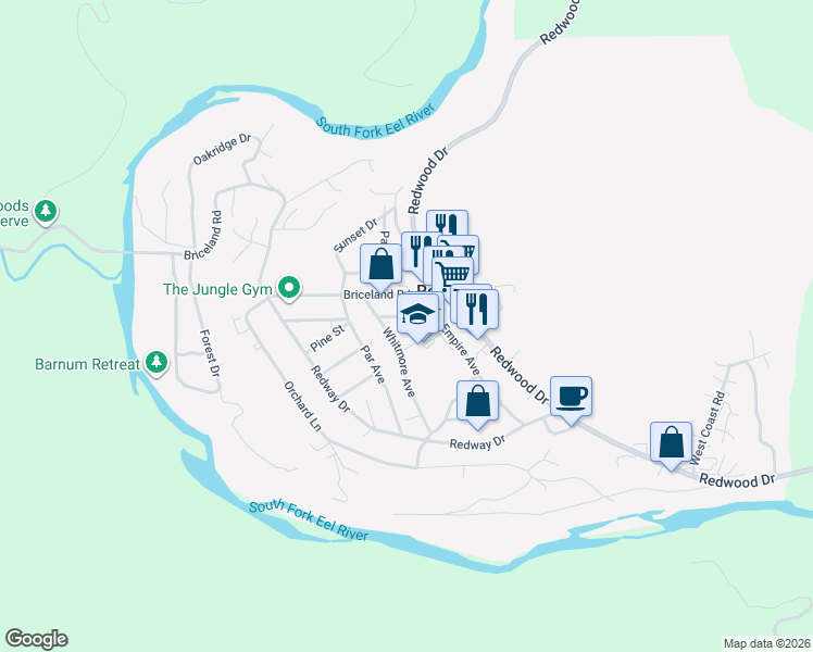 map of restaurants, bars, coffee shops, grocery stores, and more near 52 Briceland Thorn Rd in Redway