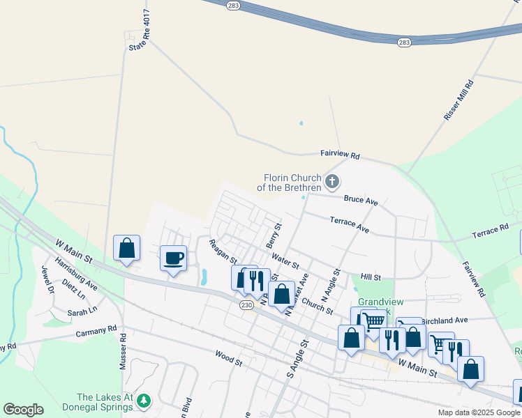 map of restaurants, bars, coffee shops, grocery stores, and more near 1127 Collina Lane in Mount Joy