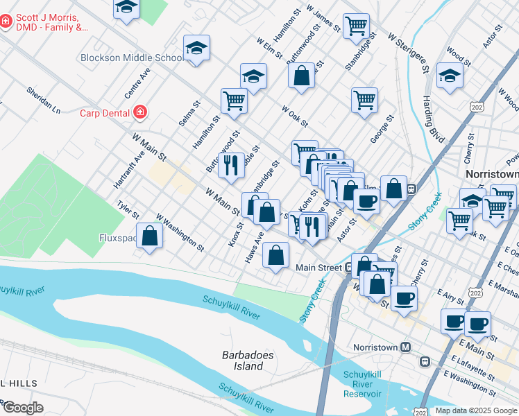 map of restaurants, bars, coffee shops, grocery stores, and more near 814 West Airy Street in Norristown