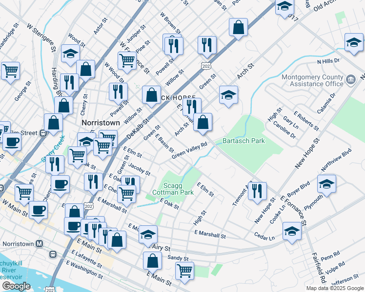 map of restaurants, bars, coffee shops, grocery stores, and more near 322 East Wood Street in Norristown