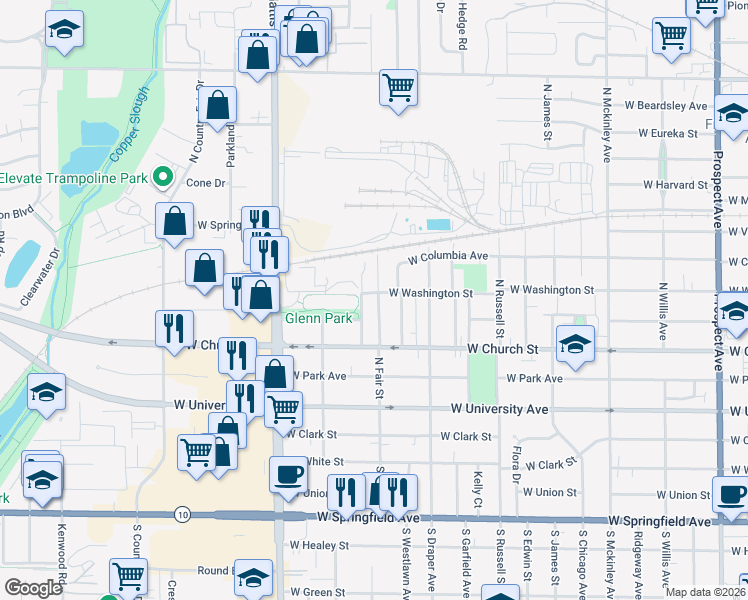 map of restaurants, bars, coffee shops, grocery stores, and more near 323 North Fair Street in Champaign