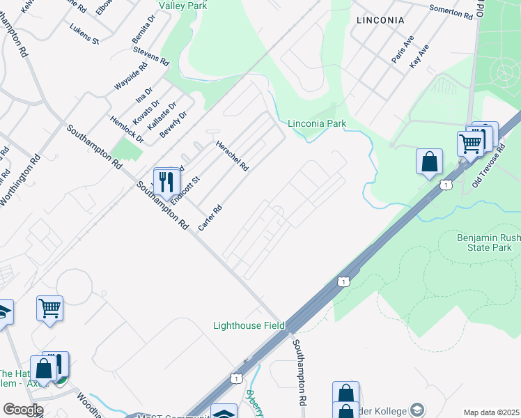 map of restaurants, bars, coffee shops, grocery stores, and more near 15064 Dahlia Drive in Philadelphia