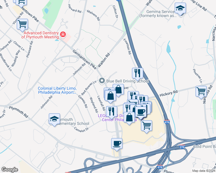 map of restaurants, bars, coffee shops, grocery stores, and more near 666 West Germantown Pike in Plymouth Meeting