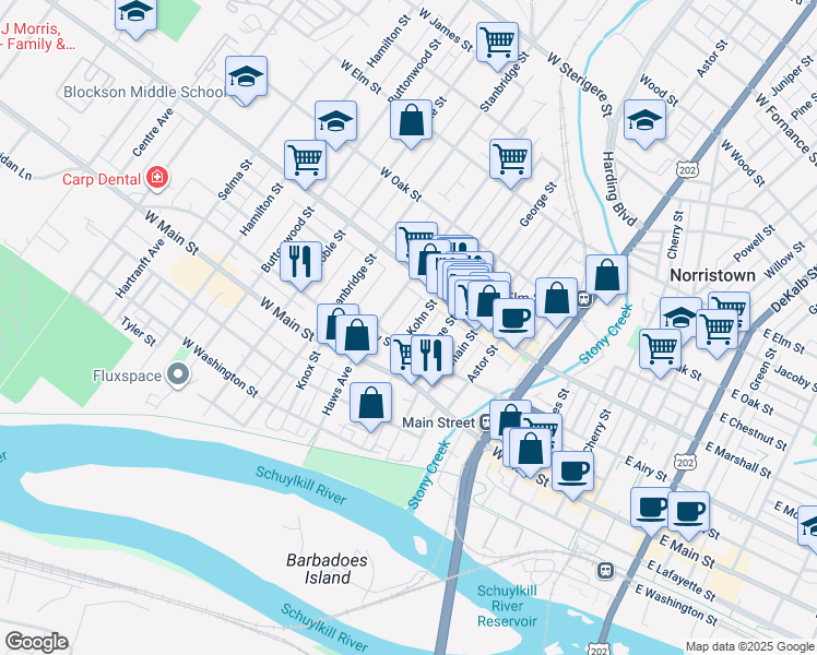map of restaurants, bars, coffee shops, grocery stores, and more near 525 Kohn Street in Norristown