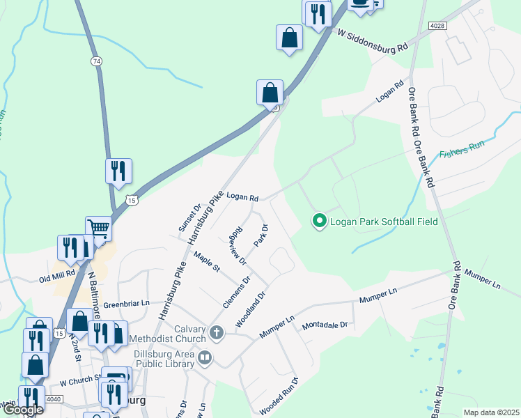 map of restaurants, bars, coffee shops, grocery stores, and more near 34 Park Drive in Dillsburg
