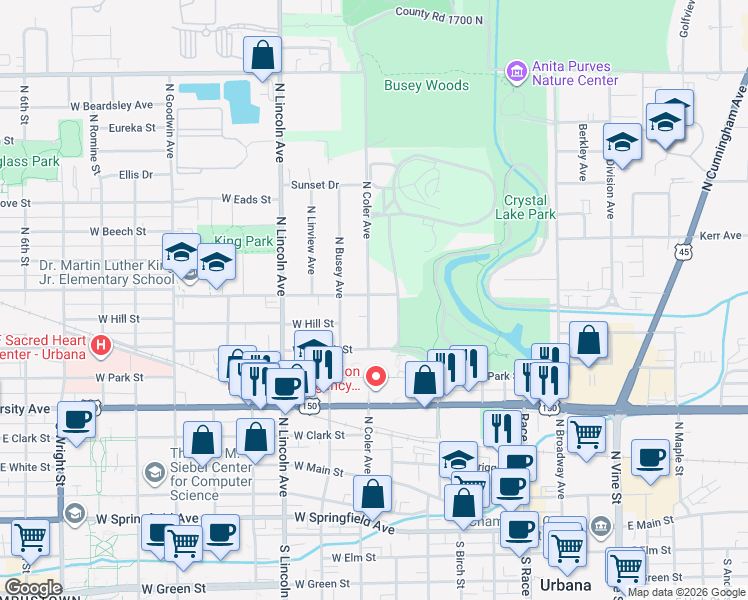 map of restaurants, bars, coffee shops, grocery stores, and more near 810 North Coler Avenue in Urbana