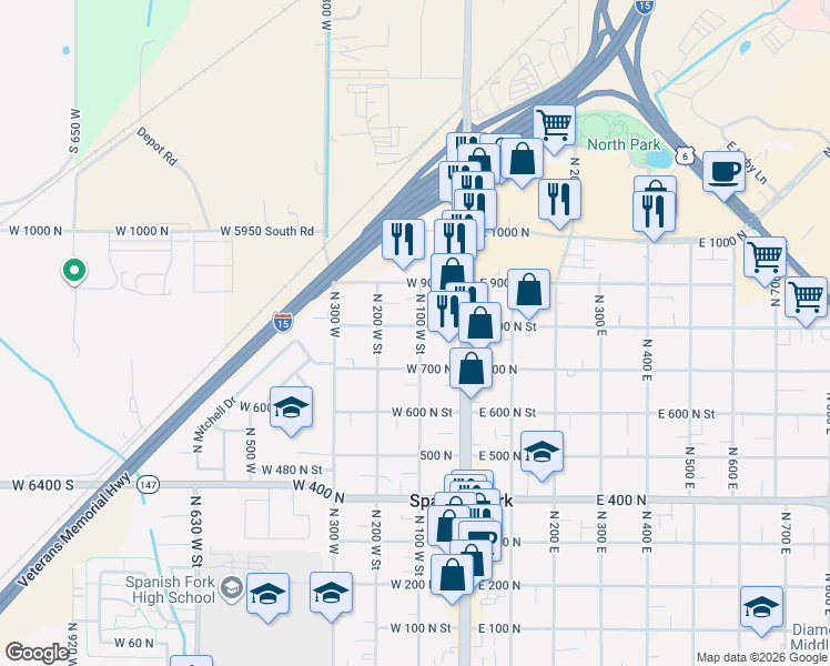 map of restaurants, bars, coffee shops, grocery stores, and more near 136 West 800 North in Spanish Fork