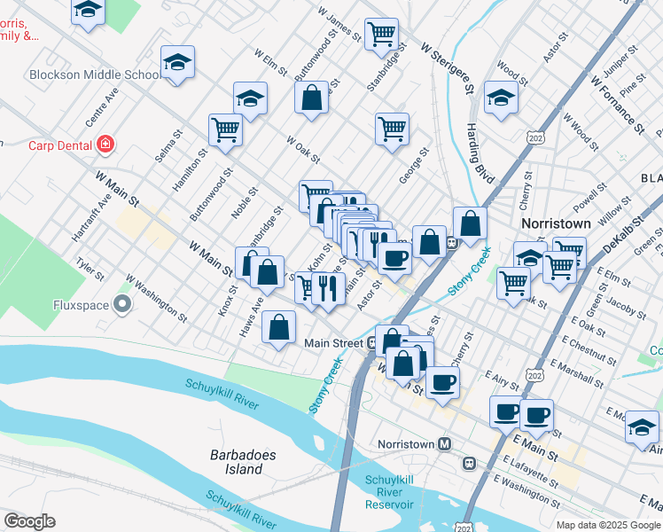 map of restaurants, bars, coffee shops, grocery stores, and more near 560 Kohn Street in Norristown