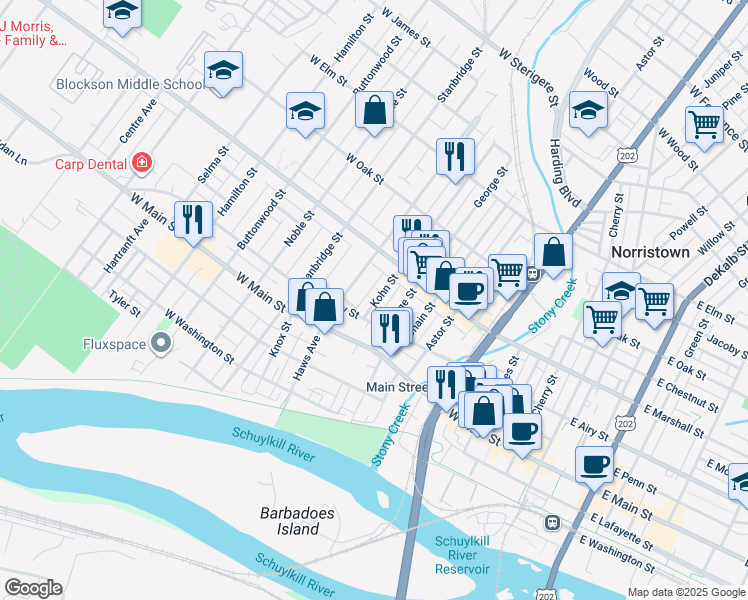 map of restaurants, bars, coffee shops, grocery stores, and more near 525 Kohn Street in Norristown