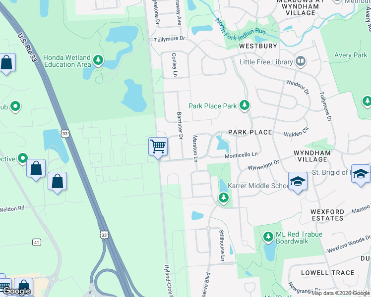 map of restaurants, bars, coffee shops, grocery stores, and more near 7462 Barrister Drive in Dublin