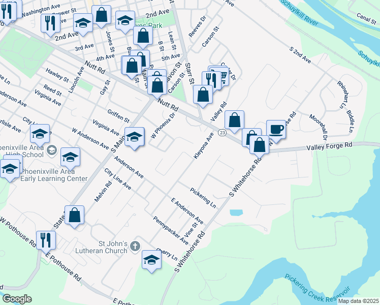 map of restaurants, bars, coffee shops, grocery stores, and more near 8 Kenalcon Drive in Phoenixville