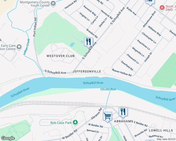 map of restaurants, bars, coffee shops, grocery stores, and more near 148 Riversedge Drive in Norristown