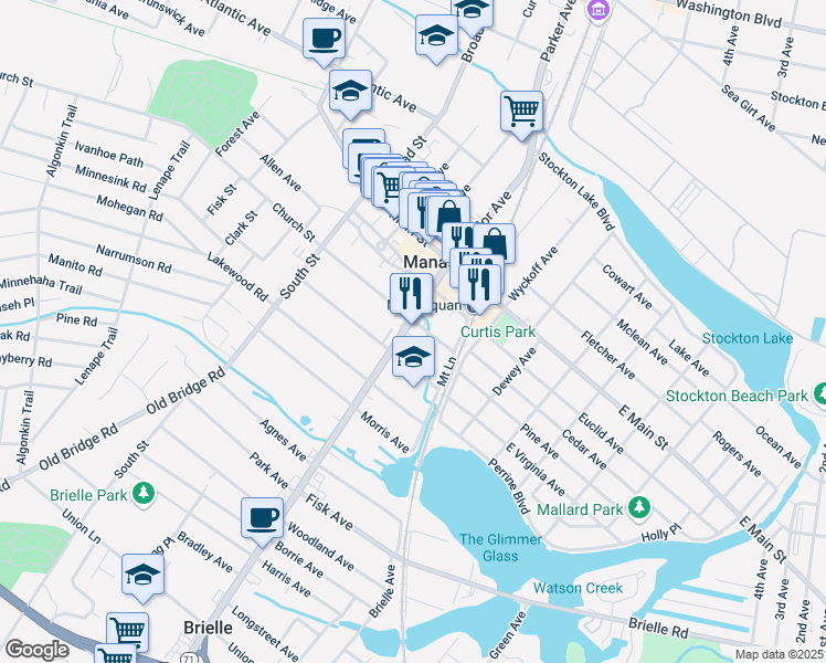 map of restaurants, bars, coffee shops, grocery stores, and more near 90 Curtis Avenue in Manasquan