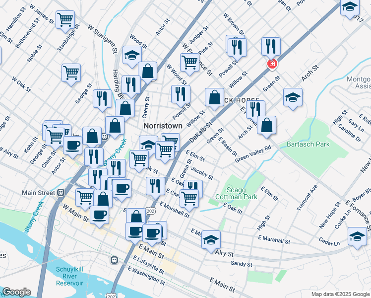 map of restaurants, bars, coffee shops, grocery stores, and more near 1000 DeKalb Street in Norristown
