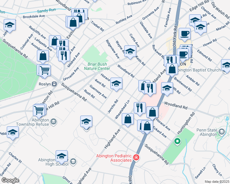 map of restaurants, bars, coffee shops, grocery stores, and more near 1173 Cumberland Road in Abington