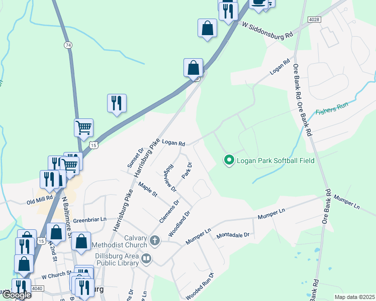 map of restaurants, bars, coffee shops, grocery stores, and more near 34 Park Drive in Dillsburg