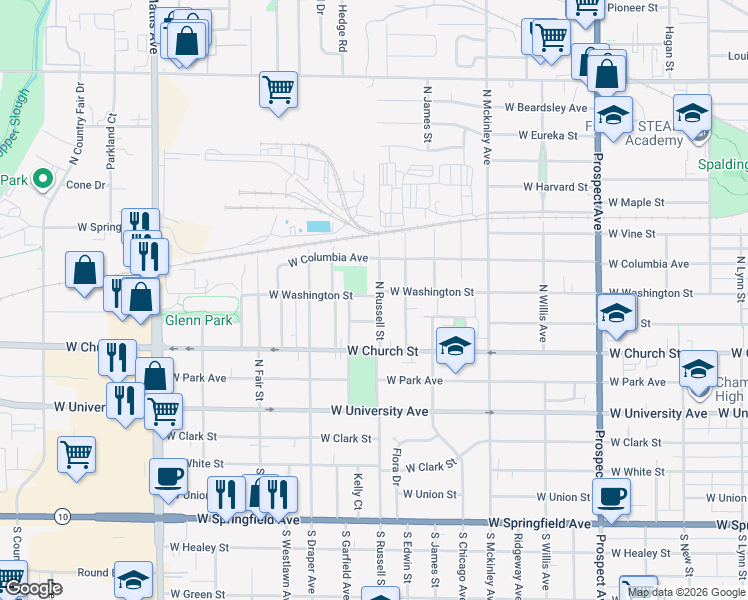 map of restaurants, bars, coffee shops, grocery stores, and more near 503 North Russell Street in Champaign