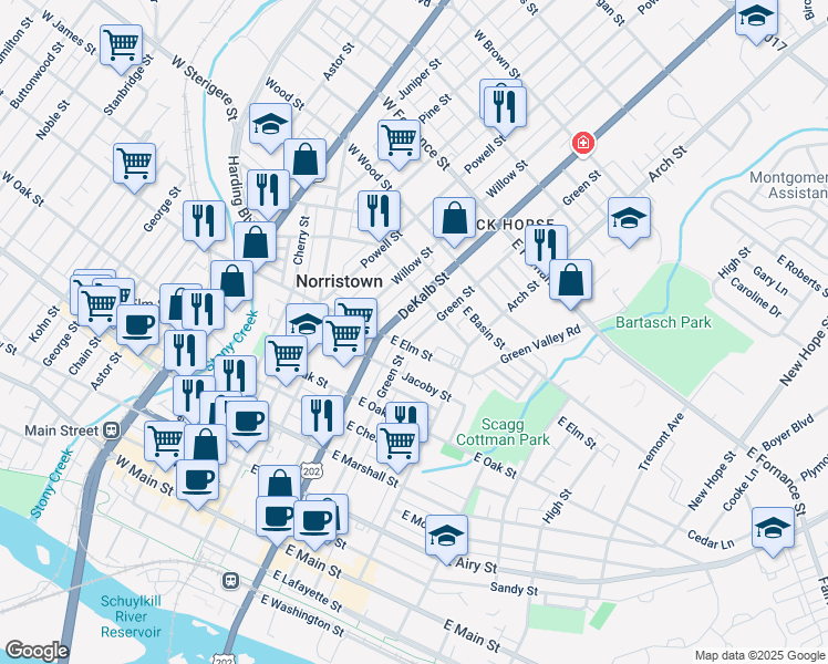 map of restaurants, bars, coffee shops, grocery stores, and more near 1023 U.S. 202 in Norristown