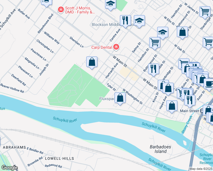 map of restaurants, bars, coffee shops, grocery stores, and more near 1248 Tyler Street in Norristown