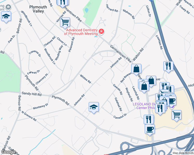 map of restaurants, bars, coffee shops, grocery stores, and more near 1907 Johnson Road in Plymouth Meeting