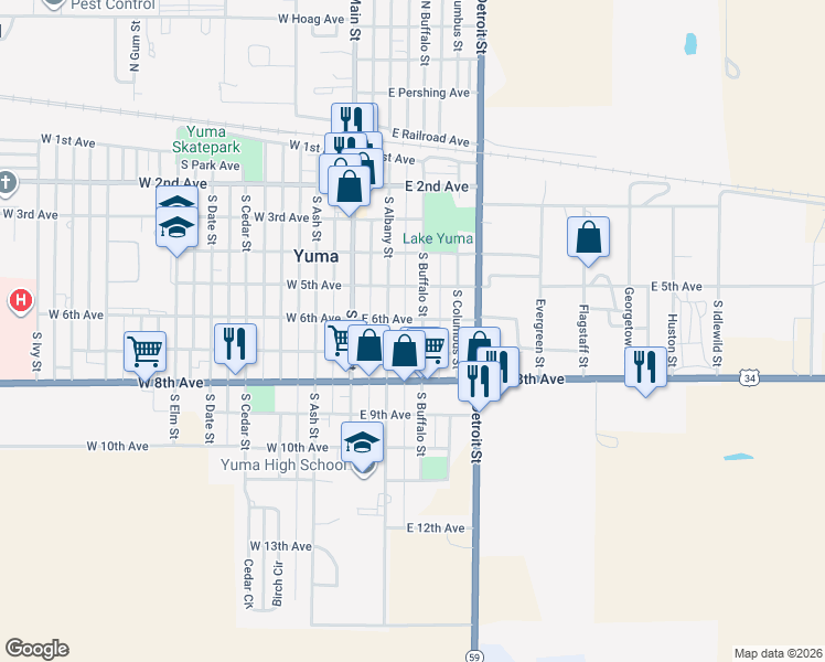 map of restaurants, bars, coffee shops, grocery stores, and more near 520 South Buffalo Street in Yuma